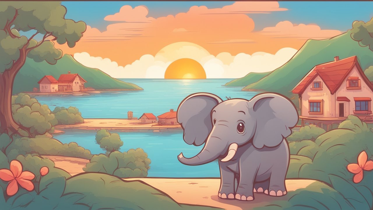 Cute Cartoon Elephant at Sunset by the Lake