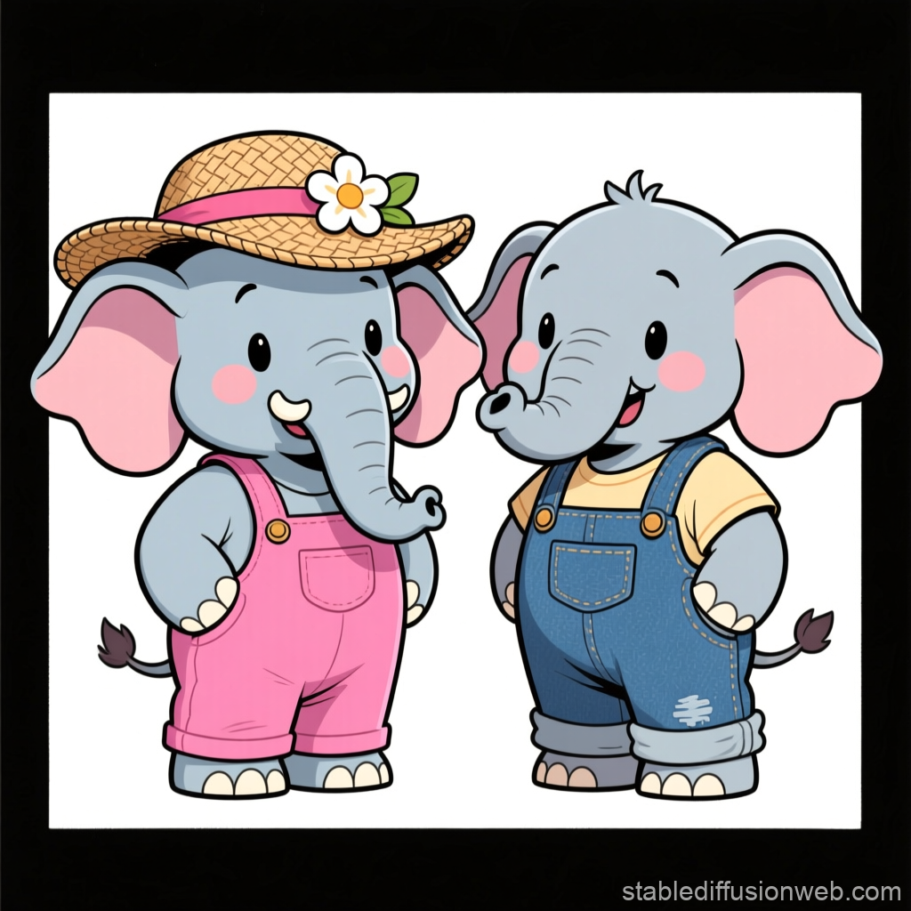 Cute Cartoon Elephants in Overalls and Straw Hat