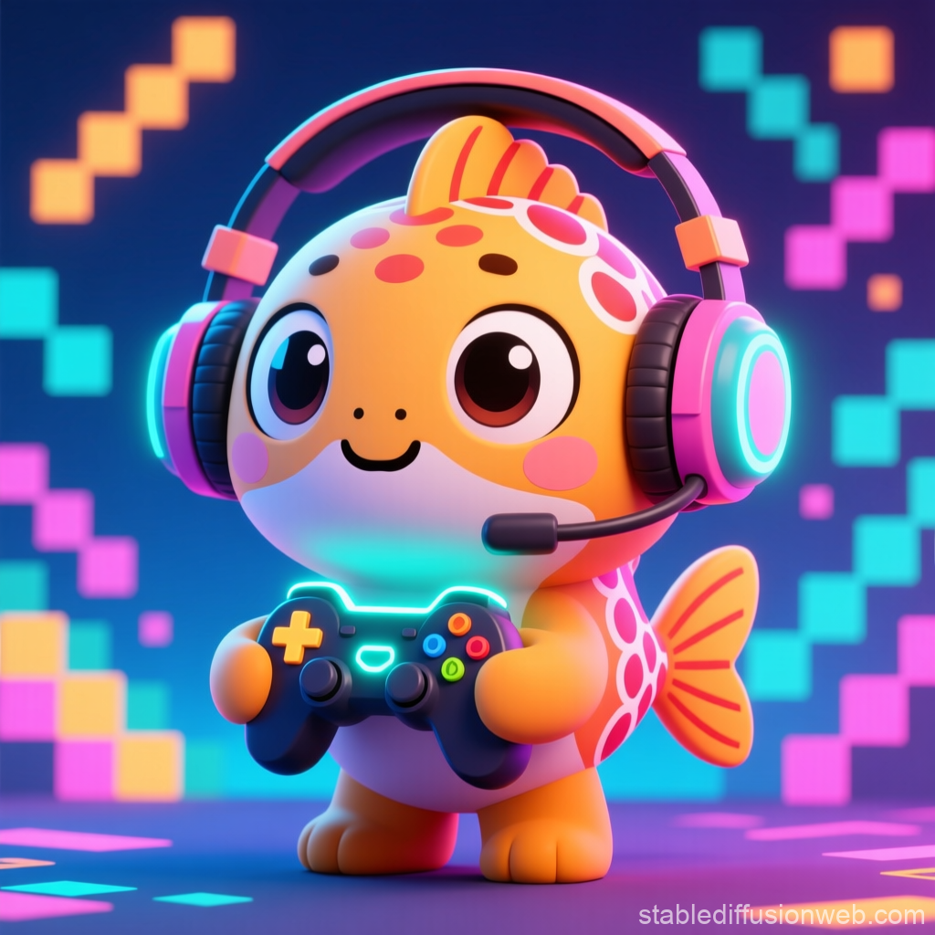 Cute Cartoon Fish Gamer with Headset and Controller