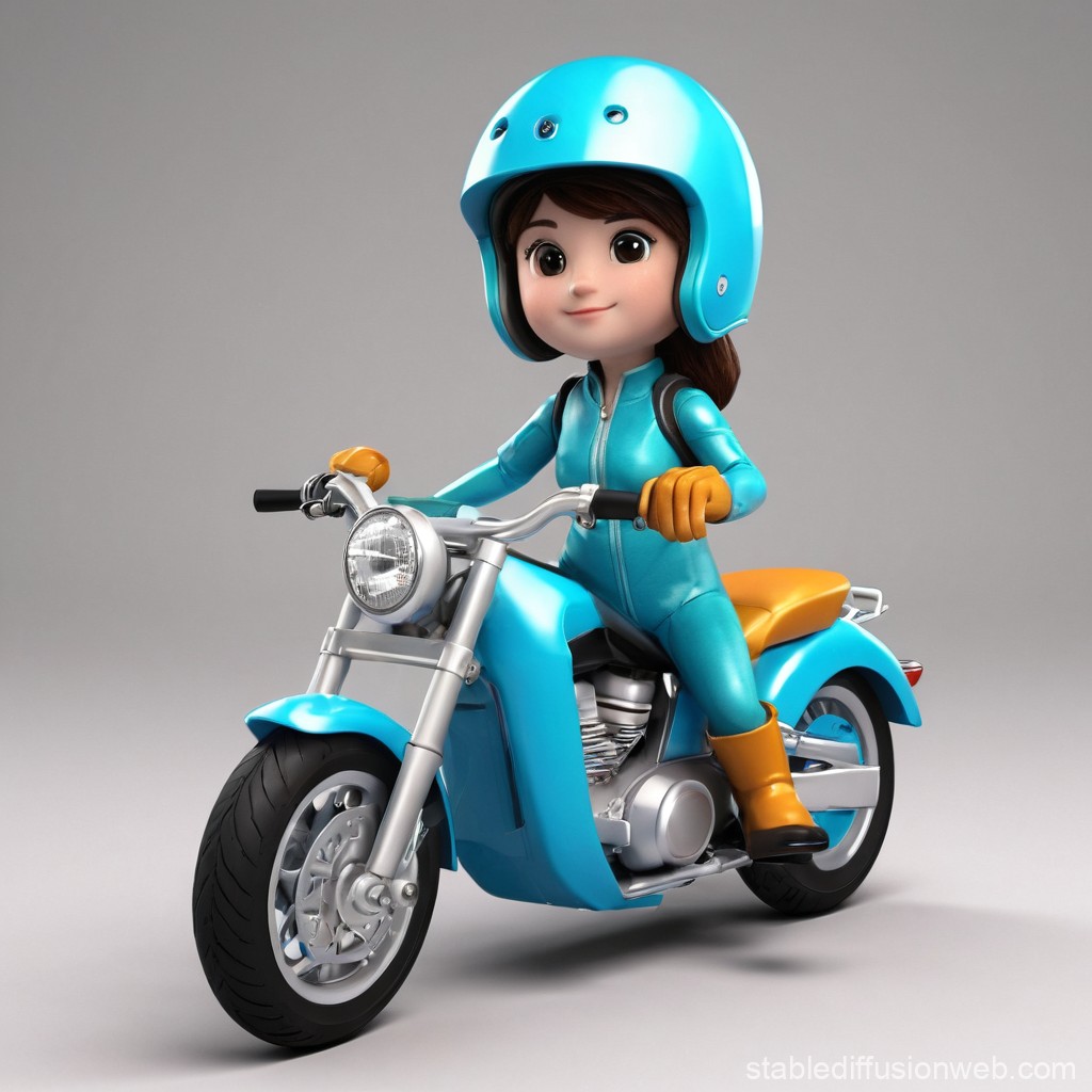 Cute Cartoon Girl Riding Blue Motorcycle