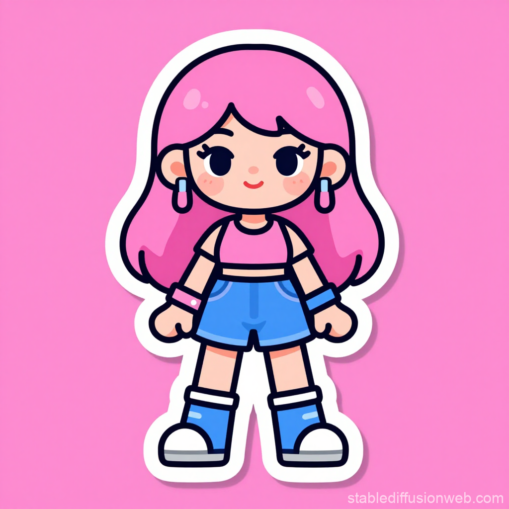 Cute Cartoon Girl with Pink Hair and Blue Outfit