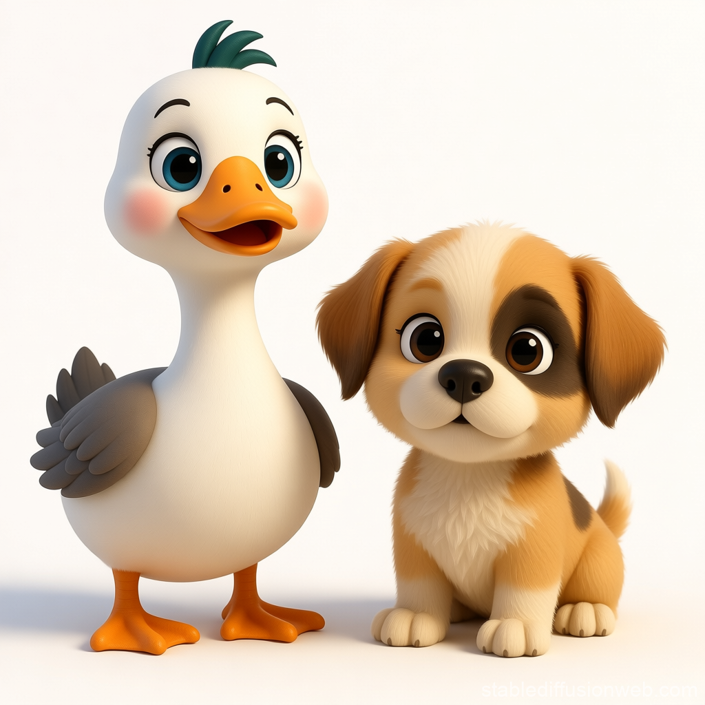 Cute Cartoon Goose and Puppy Standing Together