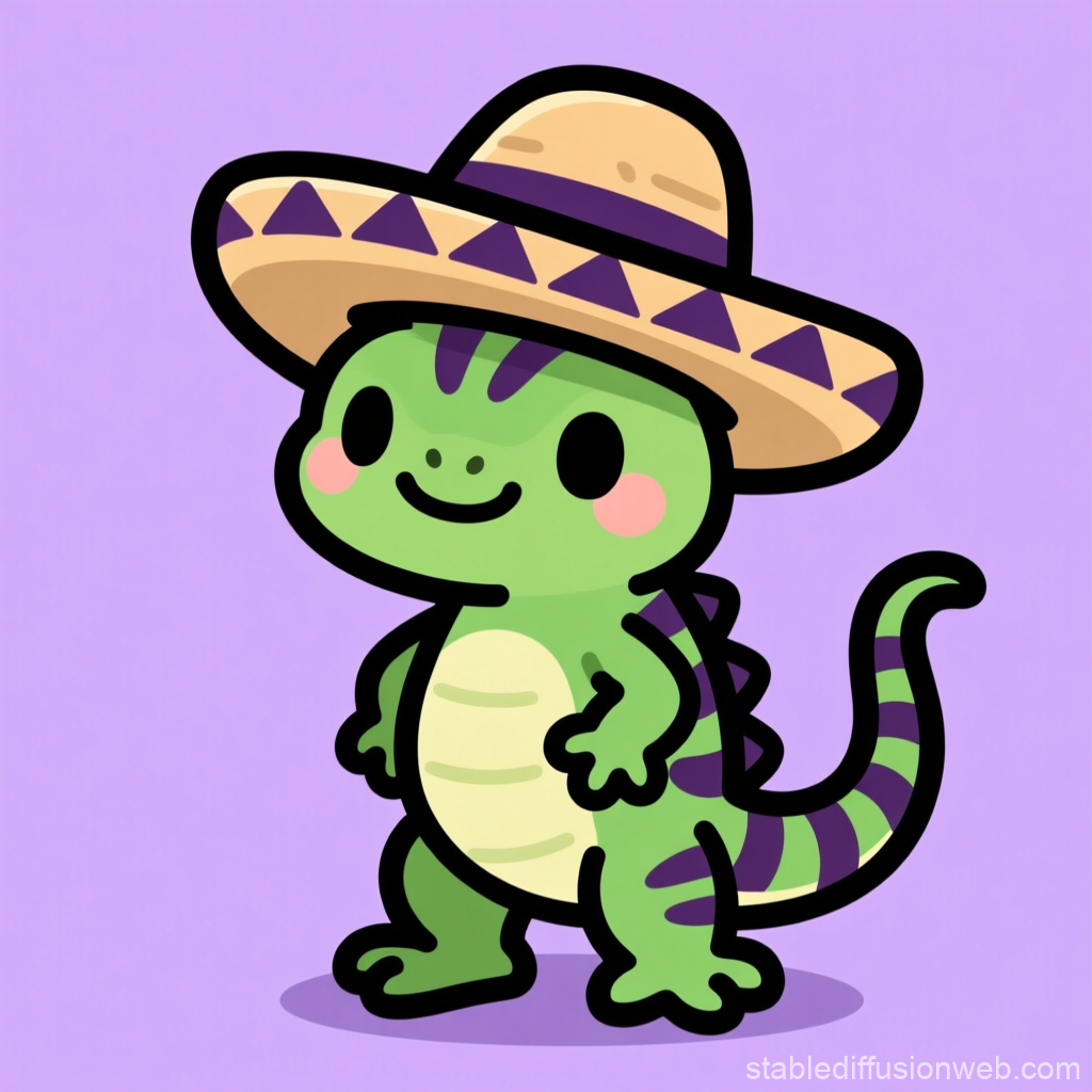 Cute Cartoon Green Lizard Wearing Sombrero