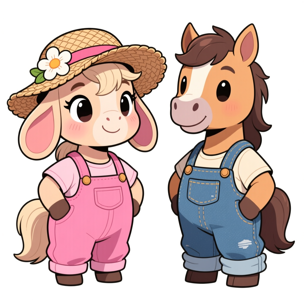 Cute Cartoon Horses in Overalls