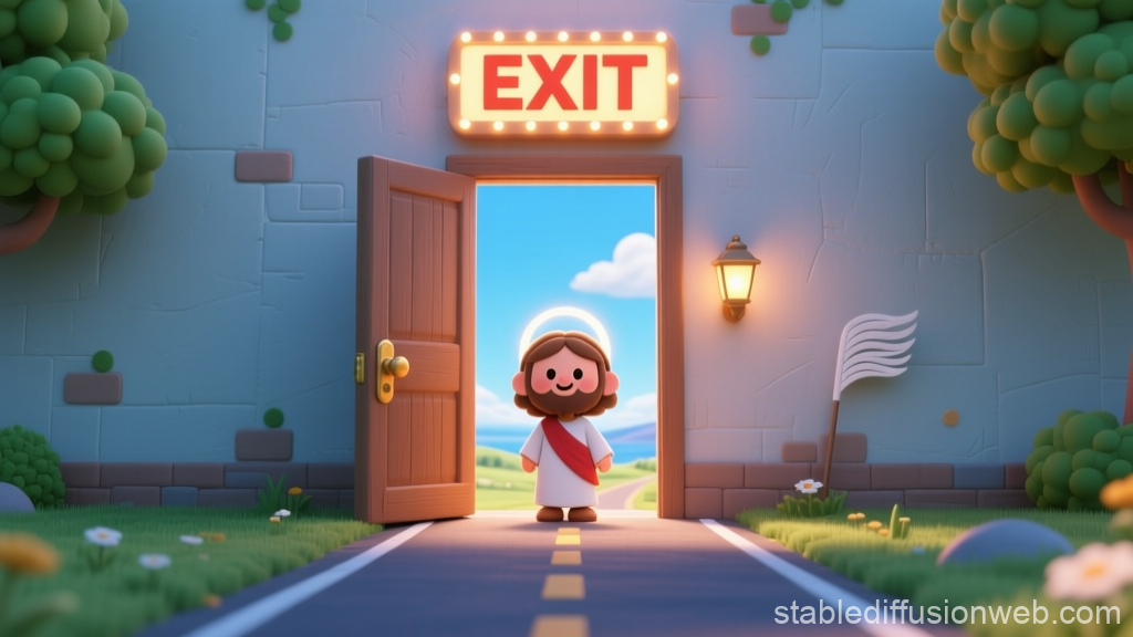 Cute Cartoon Jesus at Exit Door in Peaceful Landscape