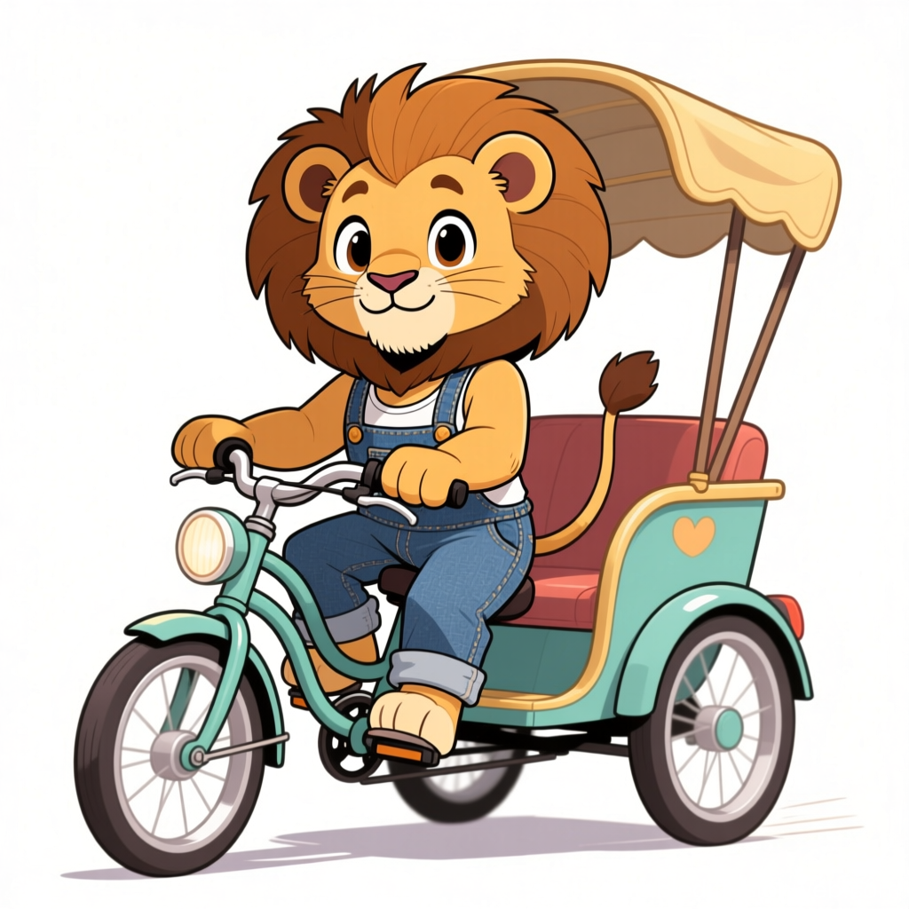 Cute Cartoon Lion Cub Riding a Rickshaw Bicycle