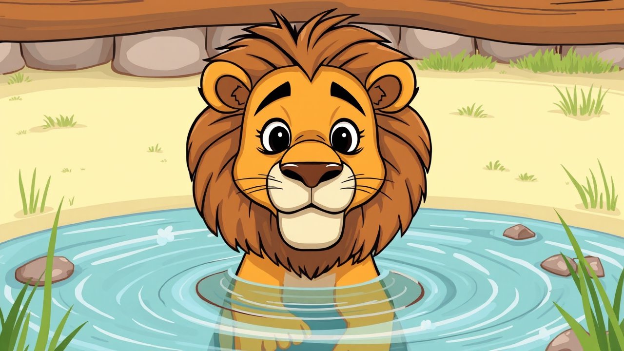 Cute Cartoon Lion in Water