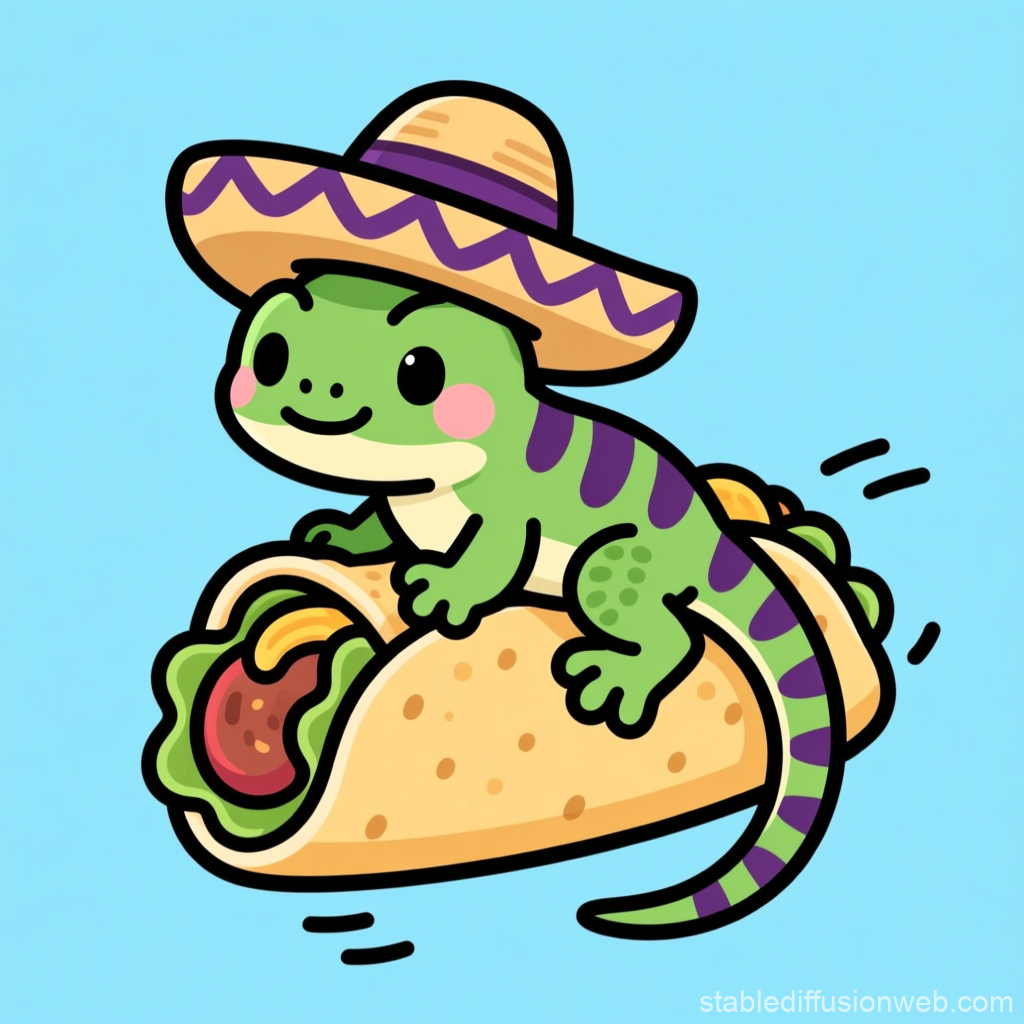 Cute Cartoon Lizard Wearing Sombrero Riding Taco