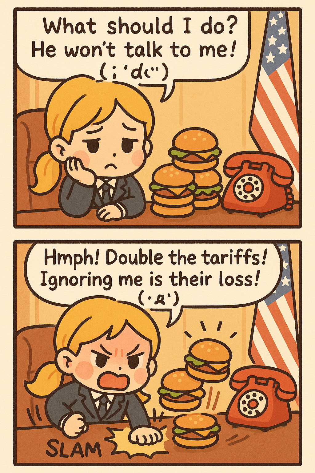 Cute Cartoon on Trade Tariffs and Communication