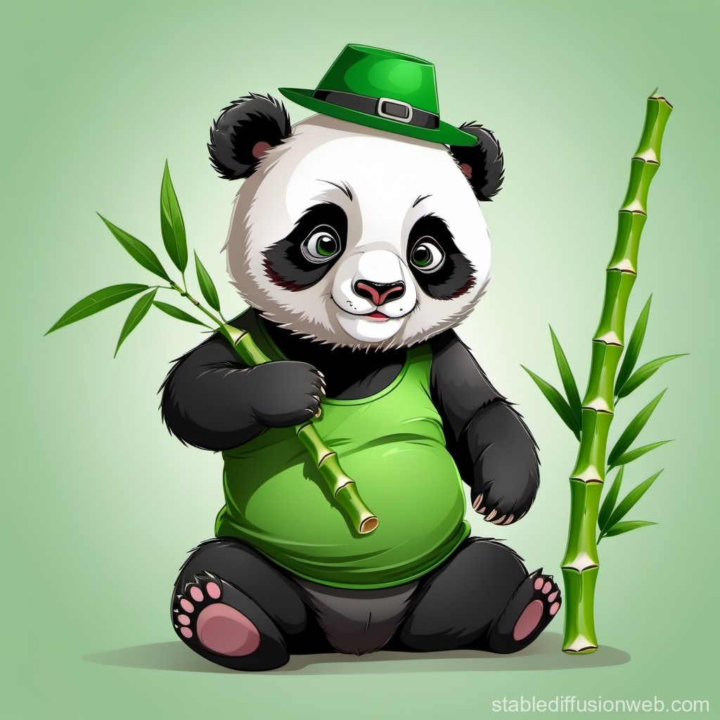 Cute Cartoon Panda Wearing Green Hat and Shirt Holding Bamboo