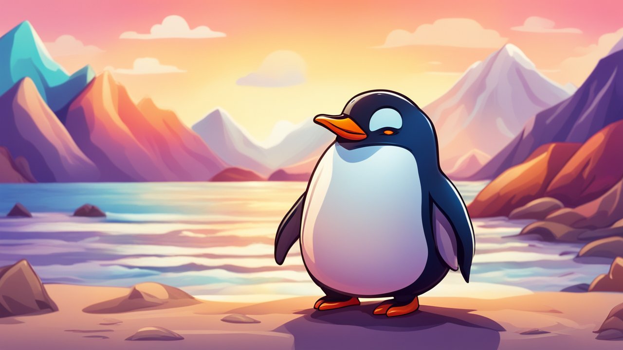 Cute Cartoon Penguin at Sunset by the Mountains