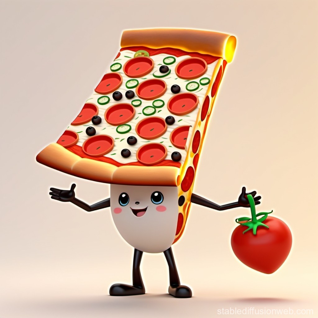 Cute Cartoon Pizza Slice Character Holding Tomato