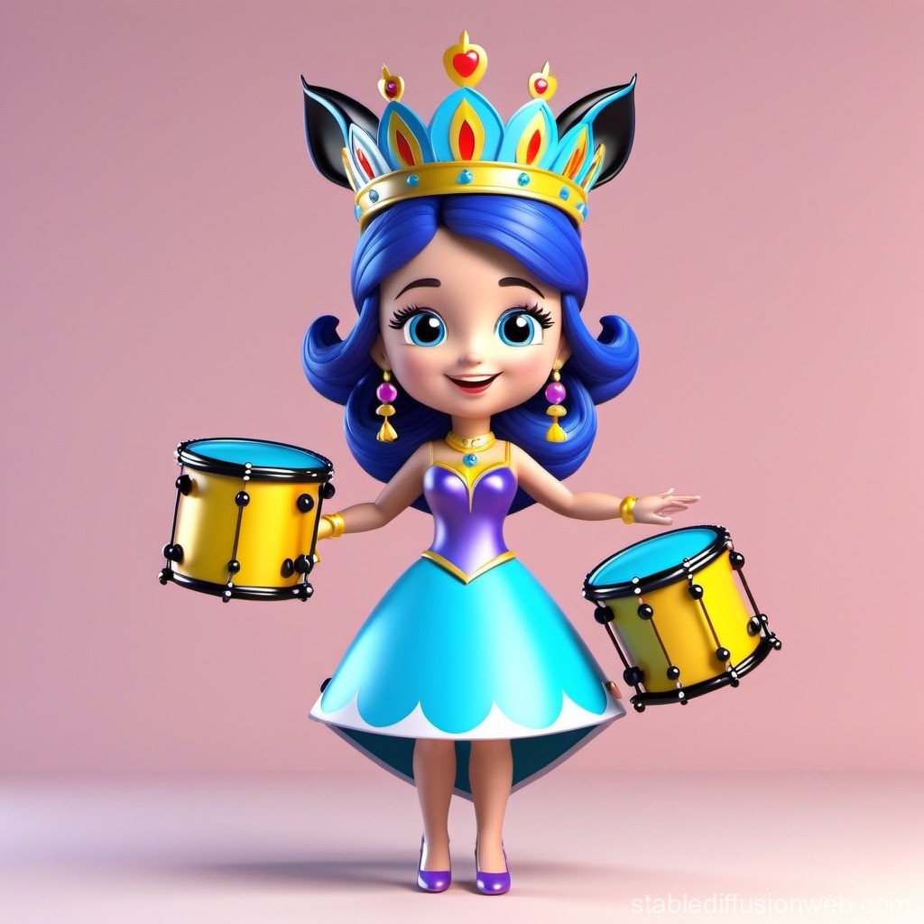 Cute Cartoon Princess with Blue Hair Holding Drums