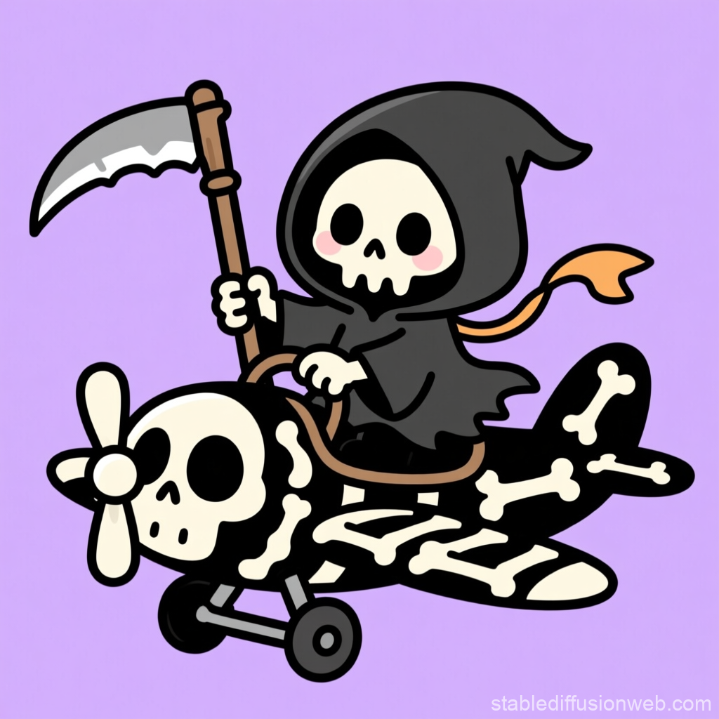 Cute Cartoon Reaper Riding a Skeleton Airplane
