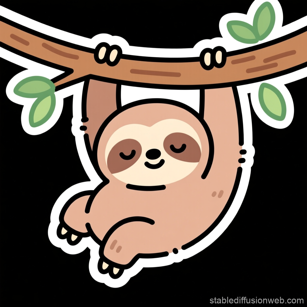 Cute Cartoon Sloth Hanging on Tree Branch