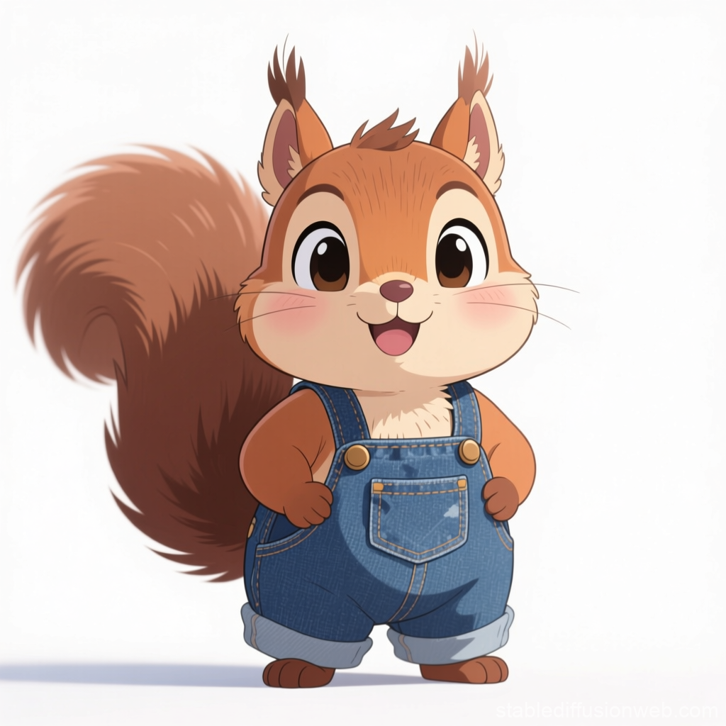 Cute Cartoon Squirrel Wearing Denim Overalls