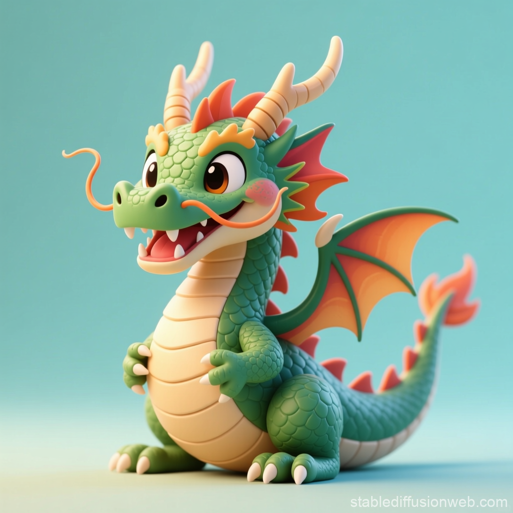 Cute Cartoon Style Green Dragon with Orange Wings