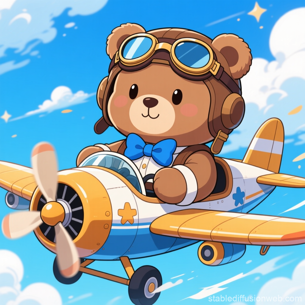 Cute Cartoon Teddy Bear Pilot Flying a Small Airplane