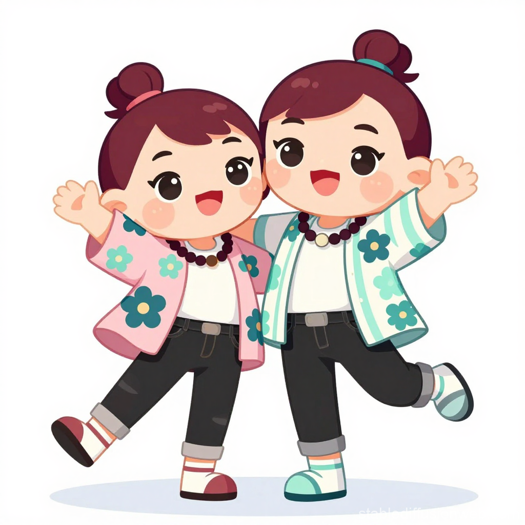 Cute Cartoon Twins in Floral Jackets