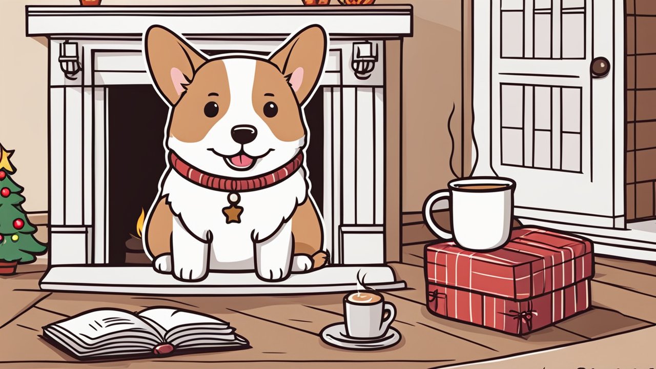 Cute Cartoon Welsh Corgi by Fireplace with Cozy Setting