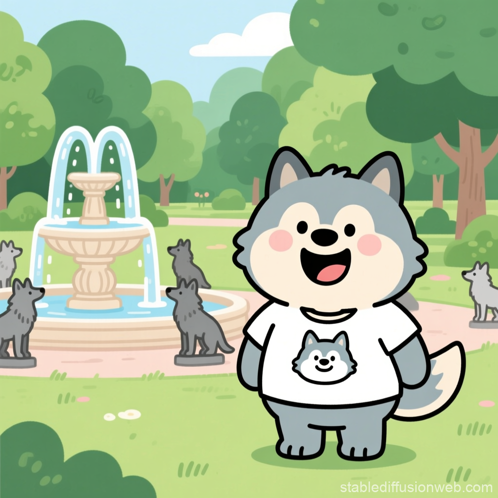 Cute Cartoon Wolf in Park with Fountain and Statues