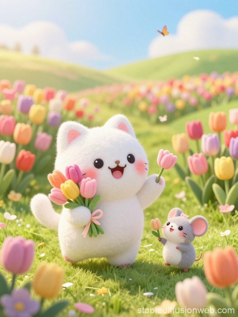 Cute Cat and Mouse with Tulips in a Spring Meadow