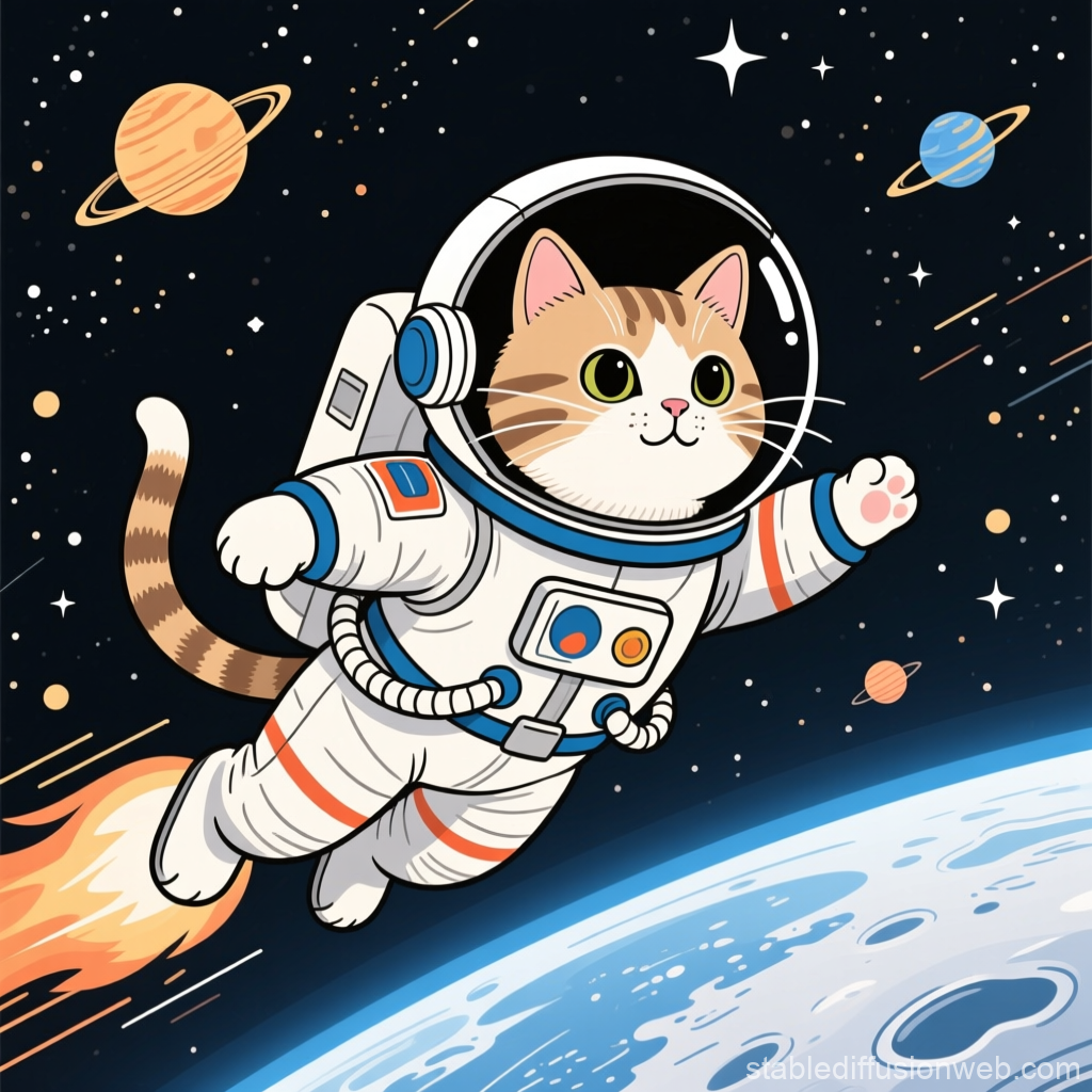Cute Cat Astronaut Flying in Space
