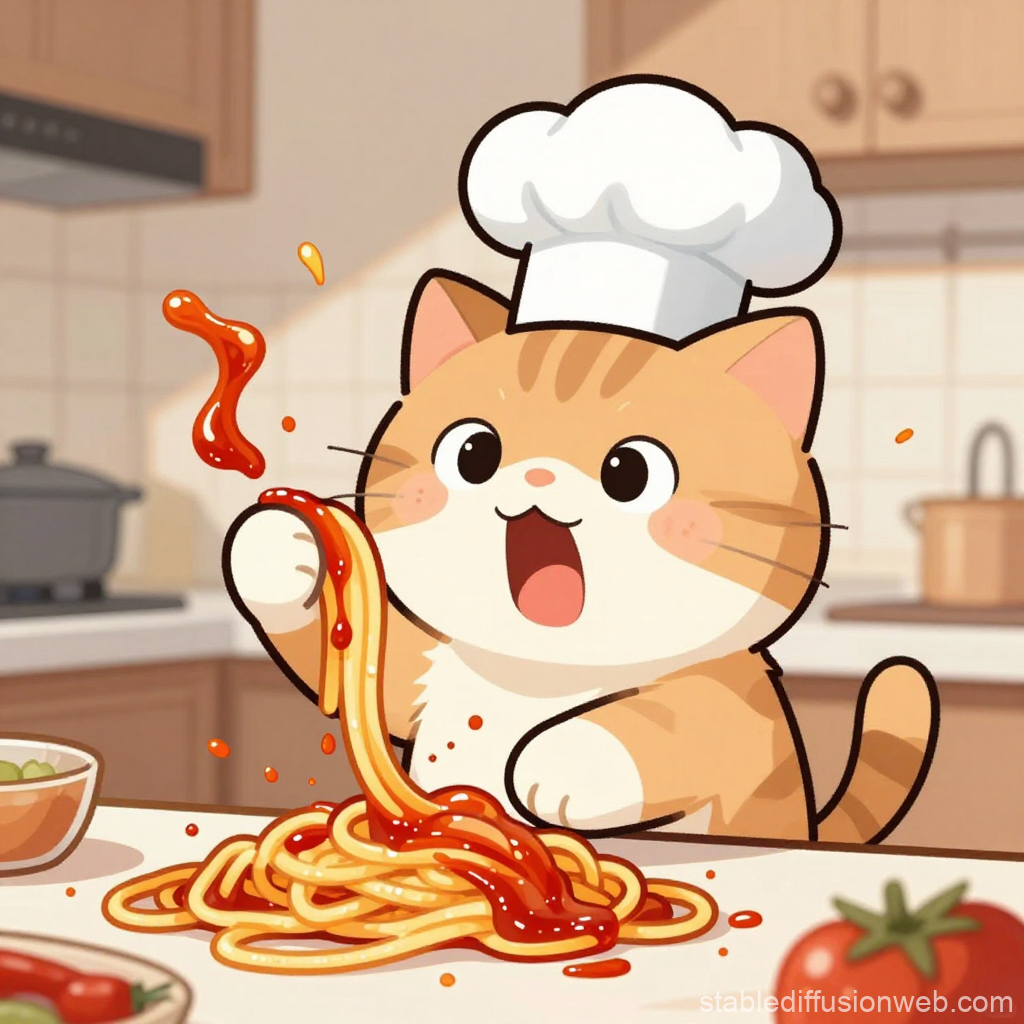 Cute Cat Chef Playfully Tossing Spaghetti with Sauce