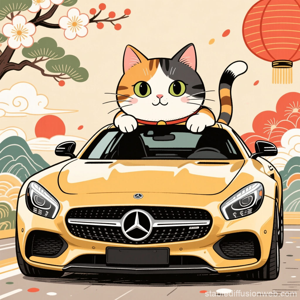 Cute Cat Driving Yellow Mercedes with Japanese Style Background
