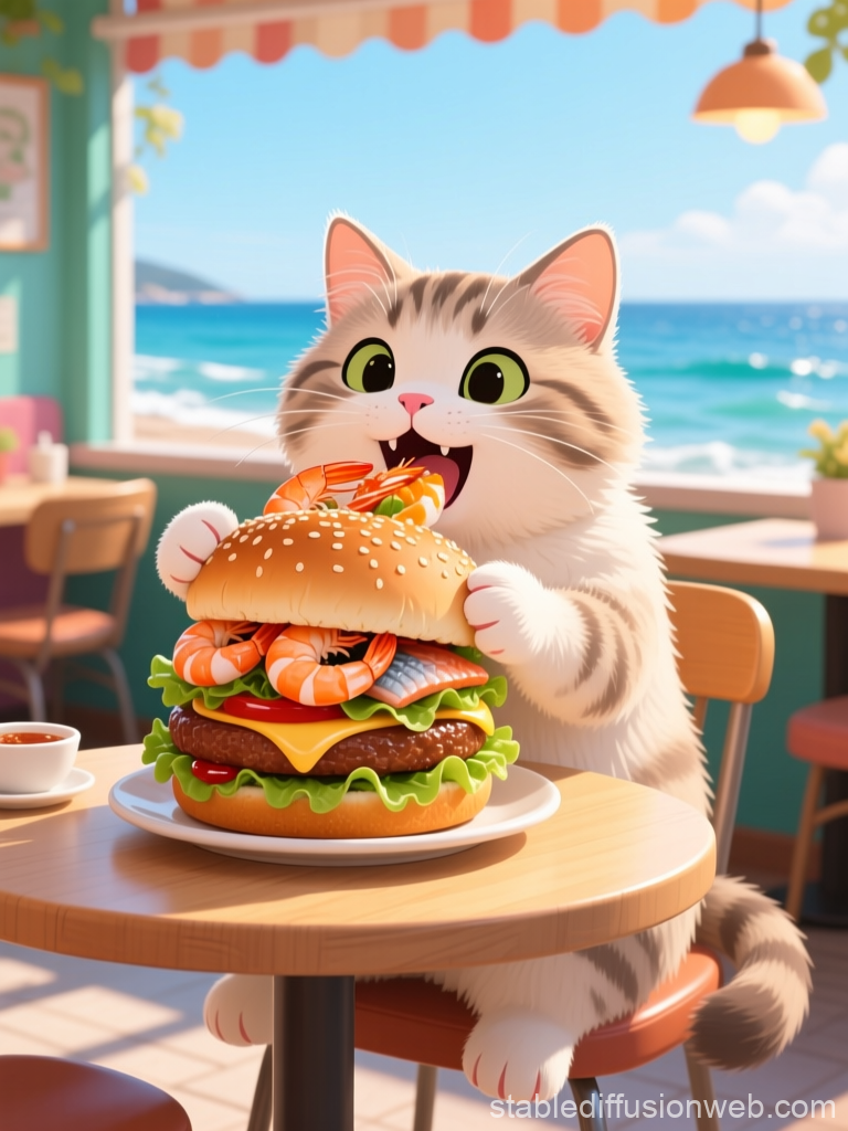 Cute Cat Enjoying a Seafood Burger by the Beach