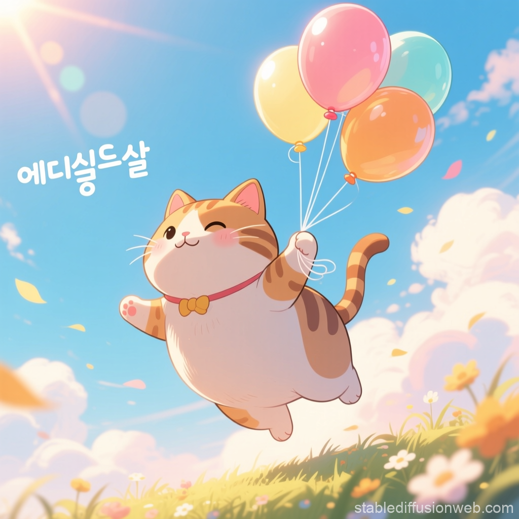 Cute Cat Floating with Colorful Balloons in a Sunny Meadow