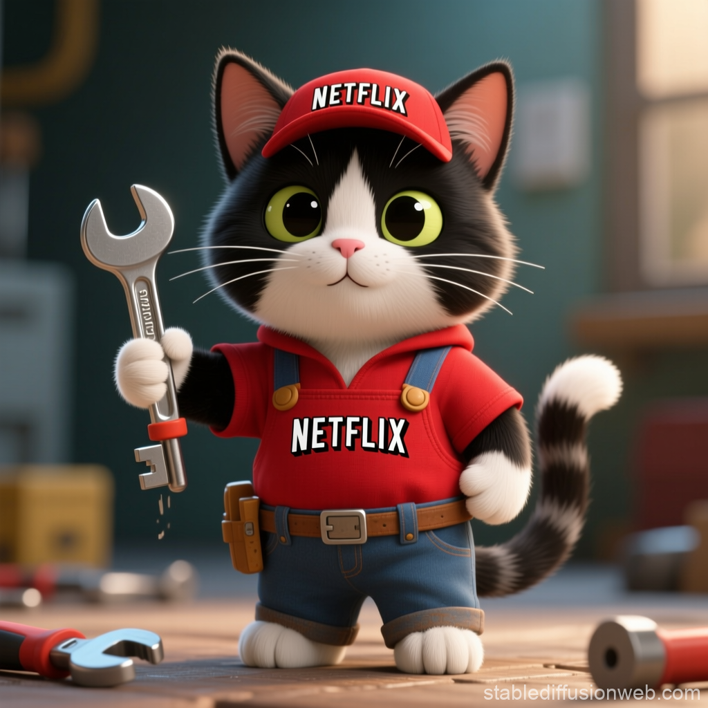 Cute Cat Mechanic Wearing Netflix Outfit Holding Wrench