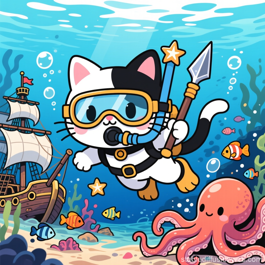 Cute Cat Pirate Diver Underwater Adventure