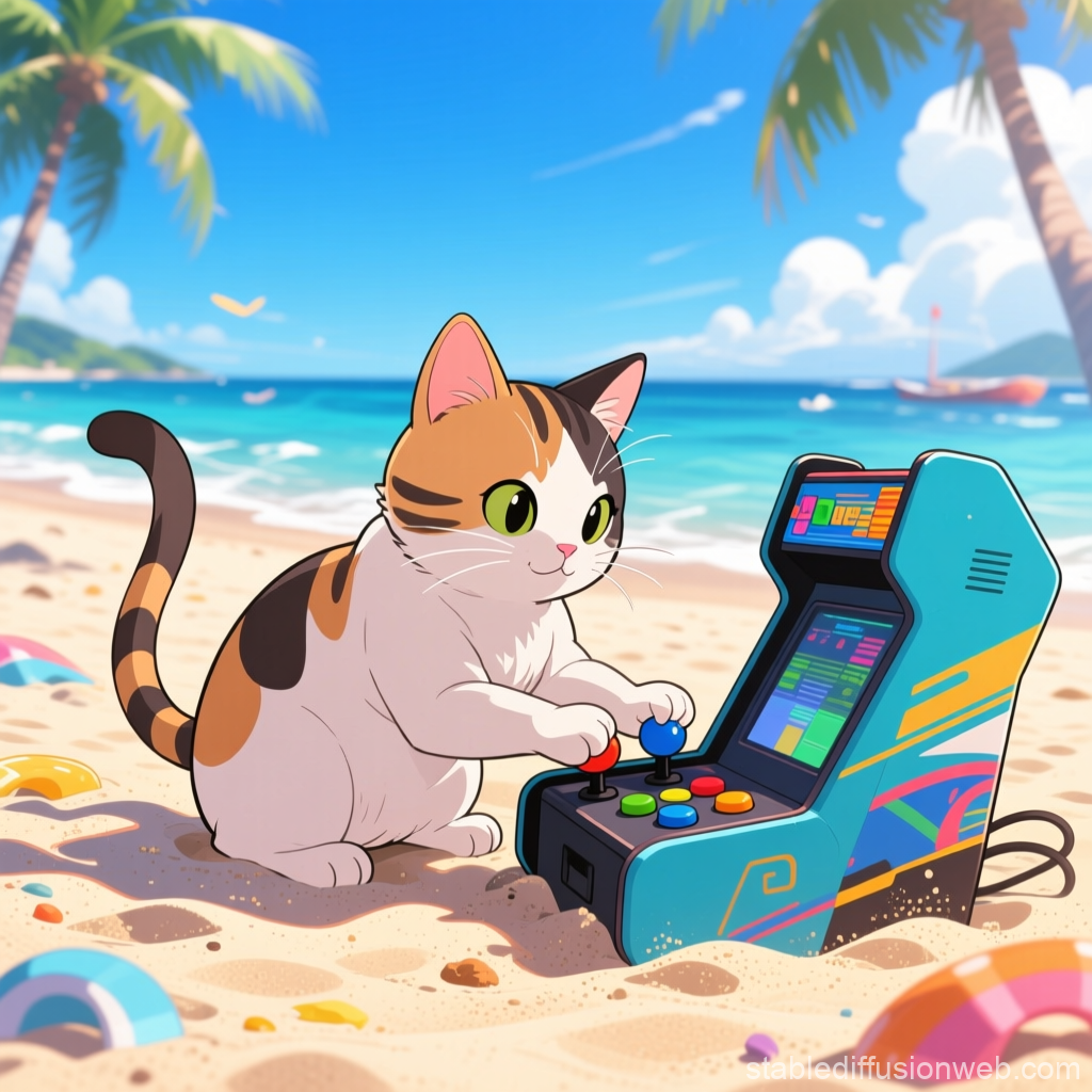Cute Cat Playing Arcade Game on Tropical Beach