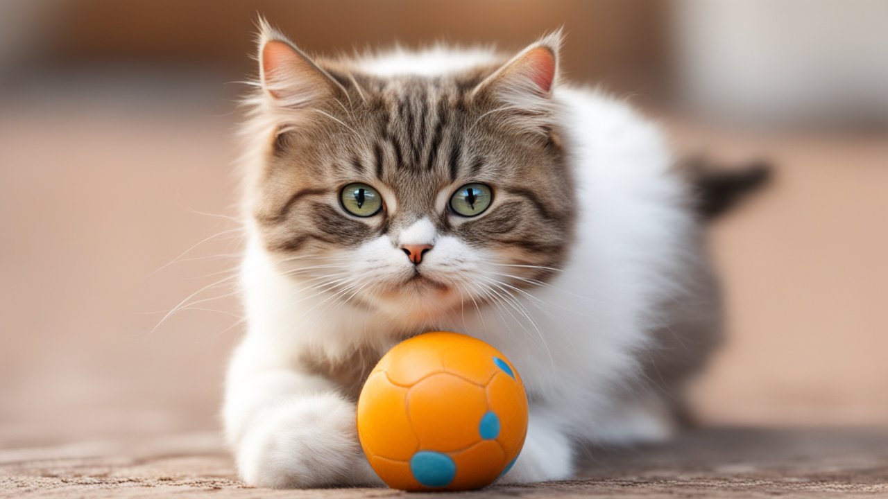 Cute Cat Playing with Orange Ball