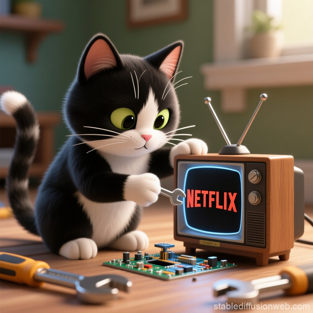 Cute Cat Repairing Vintage TV Displaying Netflix Logo