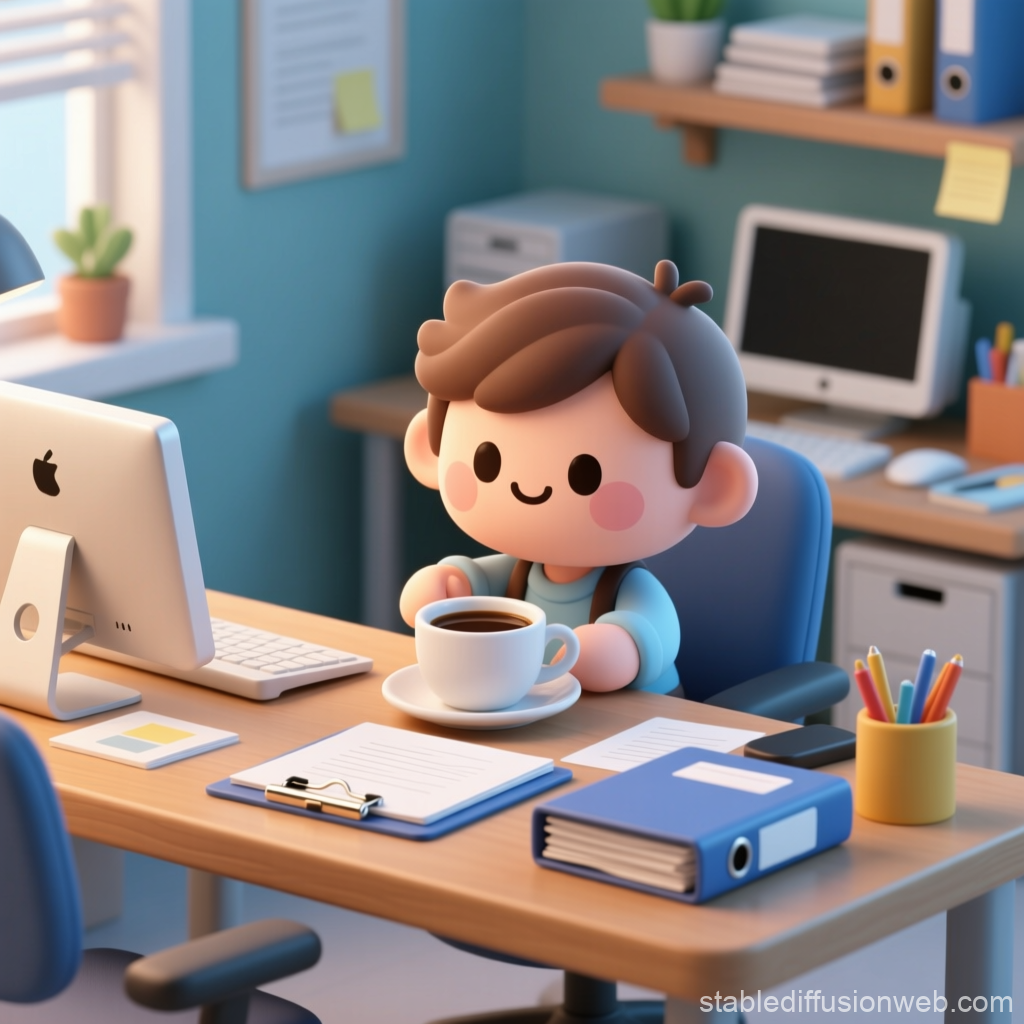 Cute Character Enjoying Coffee in Cozy Office