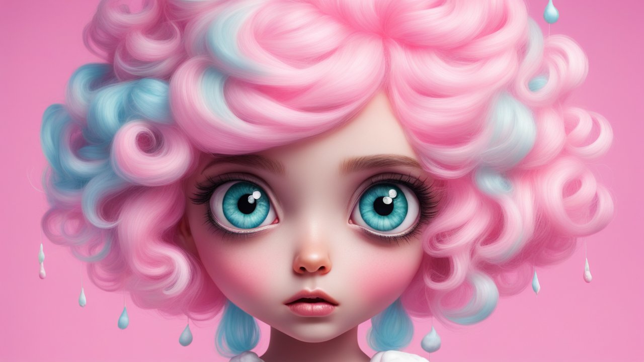Cute Character with Cotton Candy Hair and Big Blue Eyes