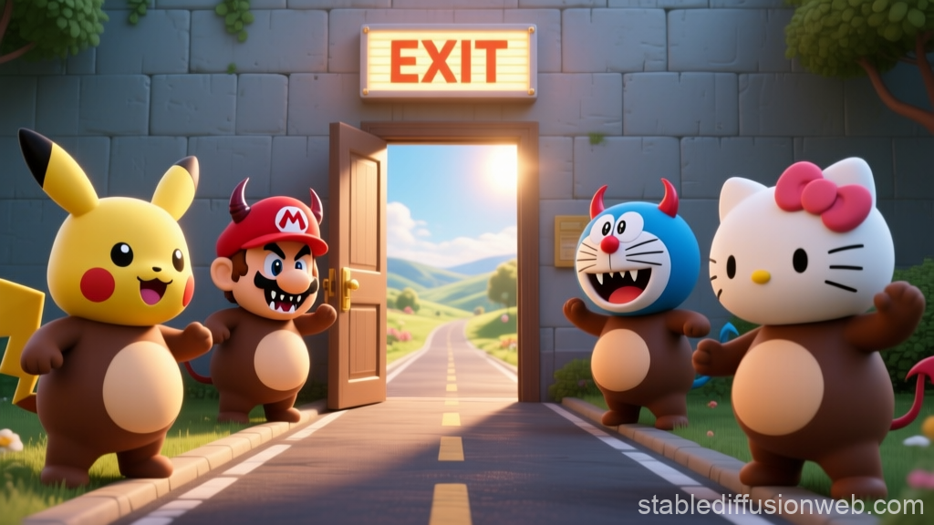 Cute Characters in Devil Costumes Welcoming at Exit Door