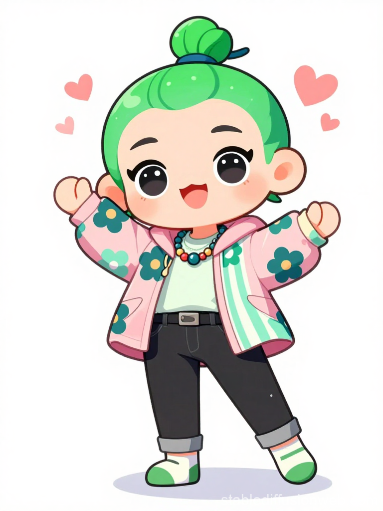 Cute Chibi Character with Green Hair and Floral Jacket