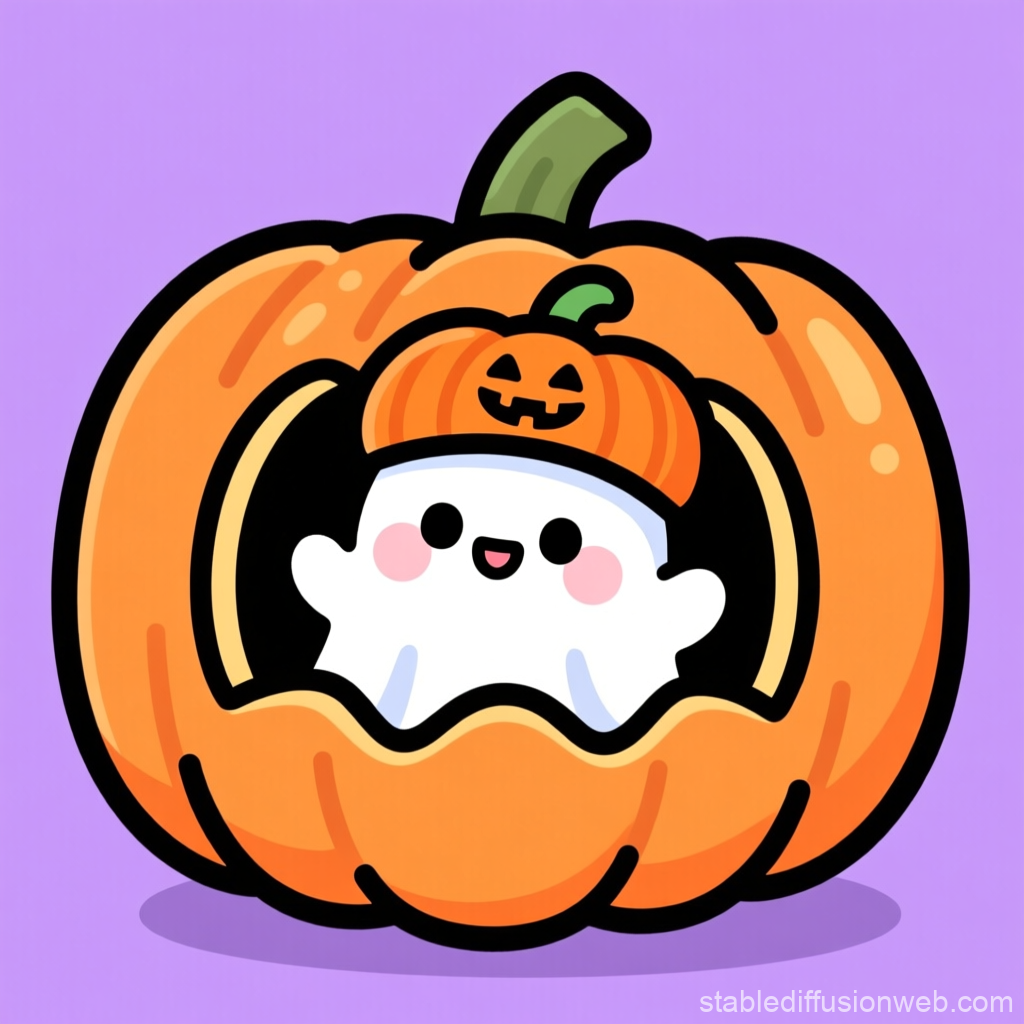 Cute Chibi Ghost Inside Pumpkin with Jack-o'-Lantern Hat