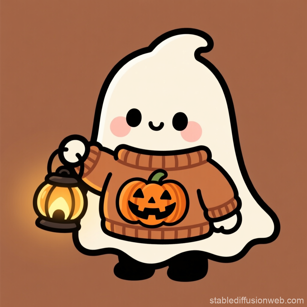 Cute Chibi Ghost Wearing Pumpkin Sweater Holding Lantern