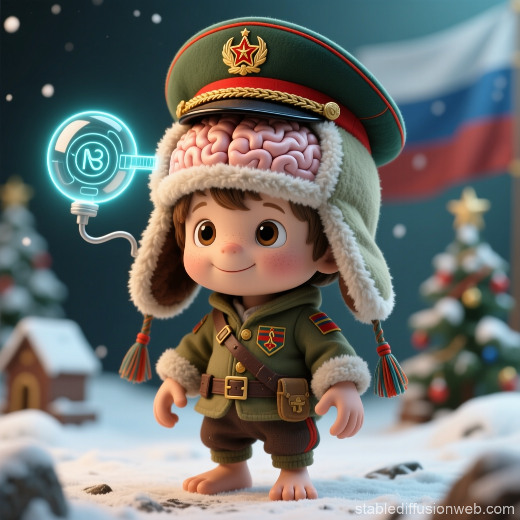 Cute Child with Exposed Brain in Ushanka Hat and Military Uniform