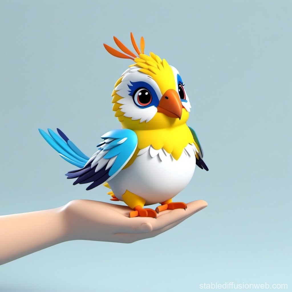 Cute Colorful Cartoon Bird on Hand 3D Render