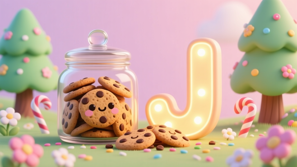 Cute Cookie Jar with Smiling Cookies and Lighted Letter J