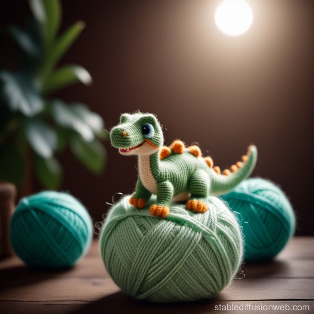 Cute Crocheted Dinosaur Toy on Yarn Ball