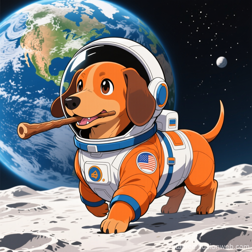 Cute Dachshund Dog in Astronaut Suit on the Moon