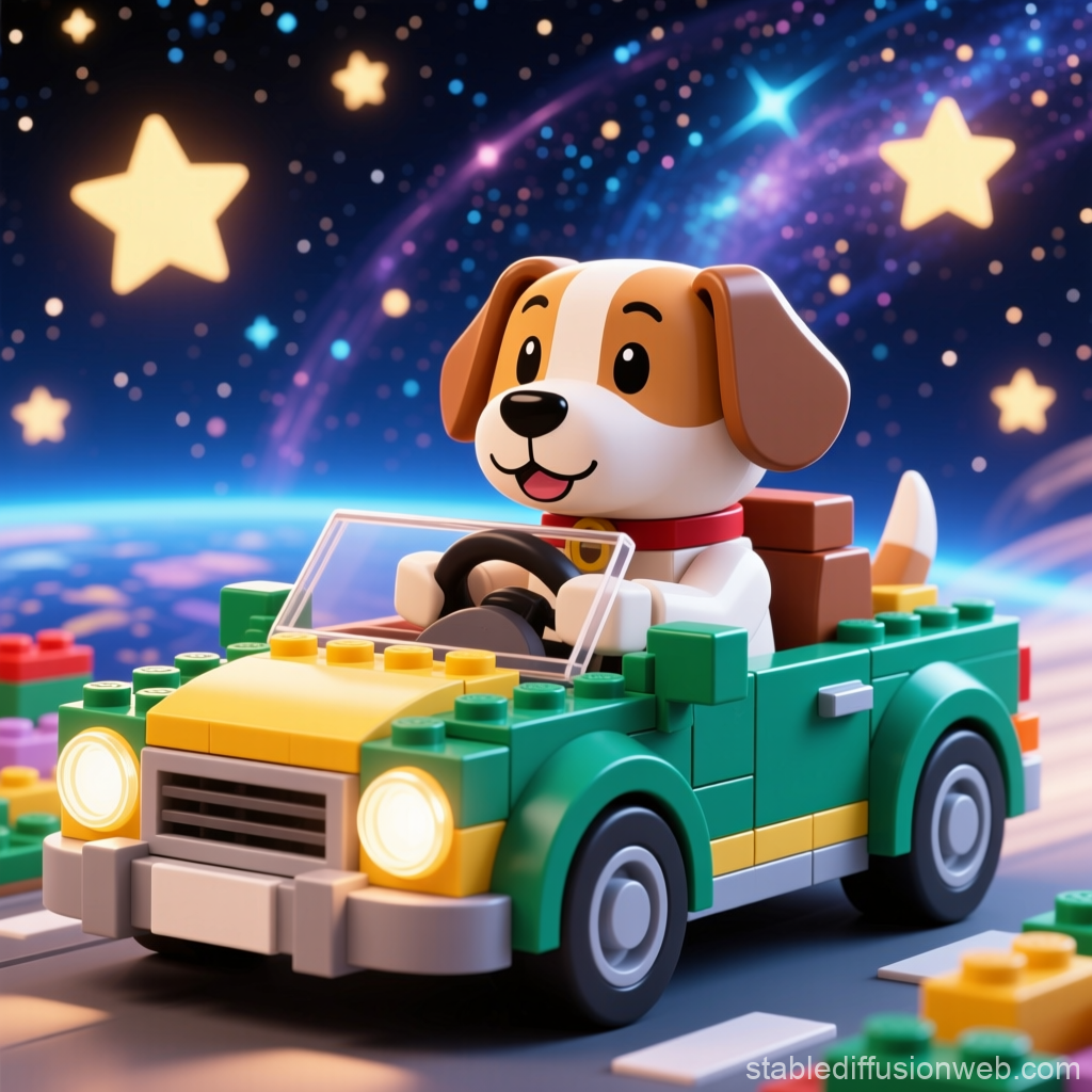 Cute Dog Driving a Colorful Toy Car in a Starry Space Scene