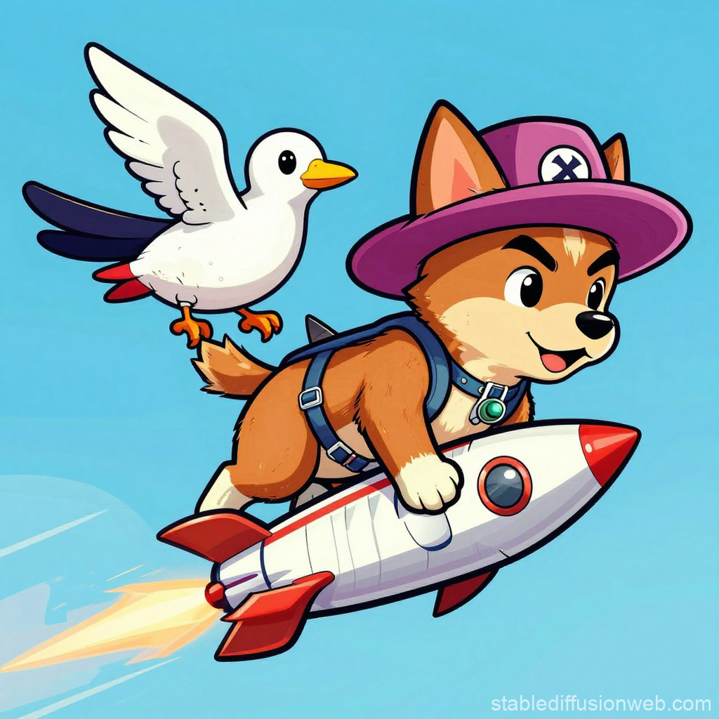Cute Dog Pirate Riding a Rocket with a Flying Seagull
