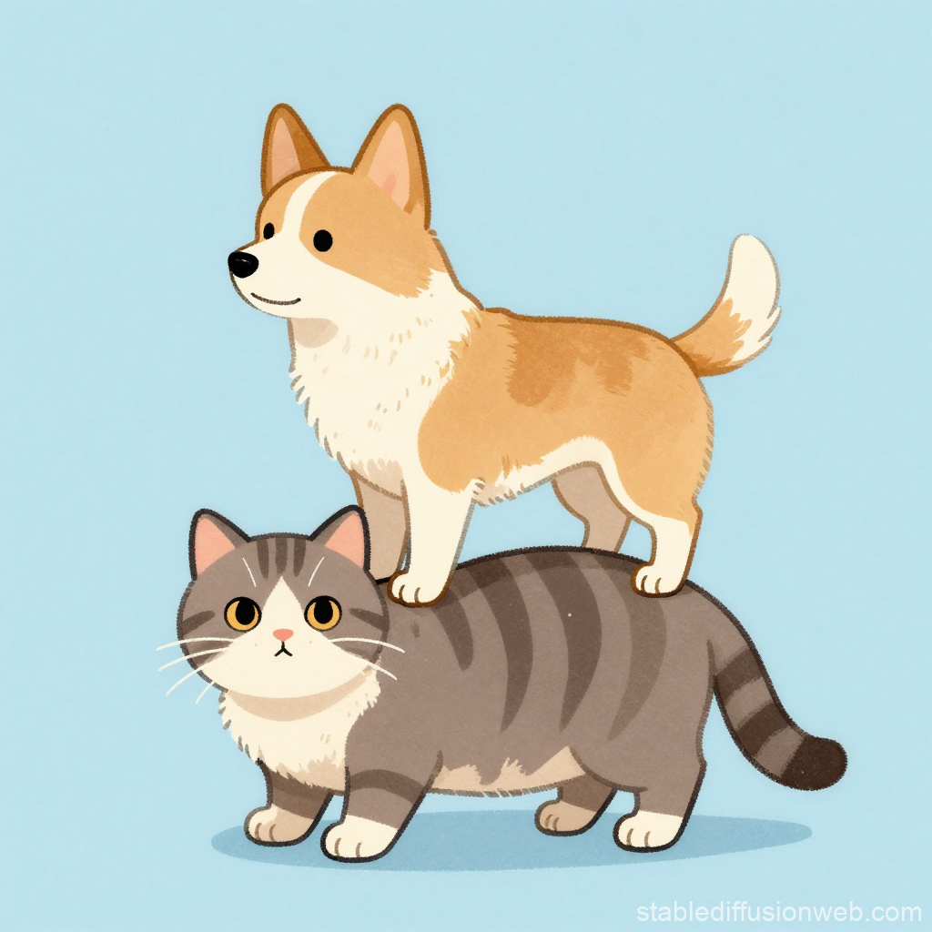 Cute Dog Standing on Cat Illustration